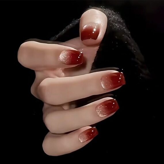 24Pcs Fake Nails, Press Nails,Short Ballet Nails -Gradient Manicure - Wine Red Shiny Nail Art - Fake Nail Patch