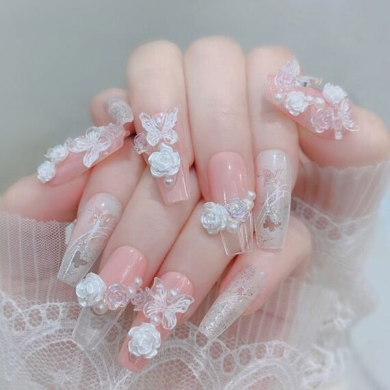 24Pcs Fake Nails, Press Nails, Mid-length Ballet Manicure - Shiny Pink Pearl Manicure - Three-dimensional Butterfly Rose Manicure - Fake Nail Patch