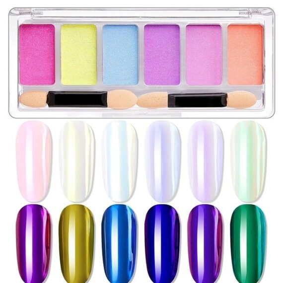 6Pcs Chrome Nail Powders，Colors Chrome Nail Powder Mirror Effect Holographic Aurora Iridescent Pearlescent Metallic Nail Powder Combo Set, 2Pcs Eyeshadow Sticks (Chrome Nail Powder)