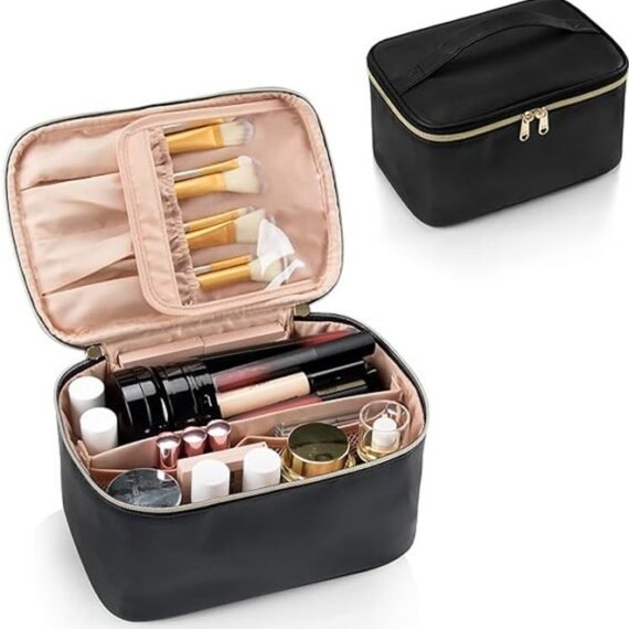 Makeup Bag, Large Capacity Portable Travel Cosmetic Bag, Waterproof Makeup Organizer for Women with Handle and Divider