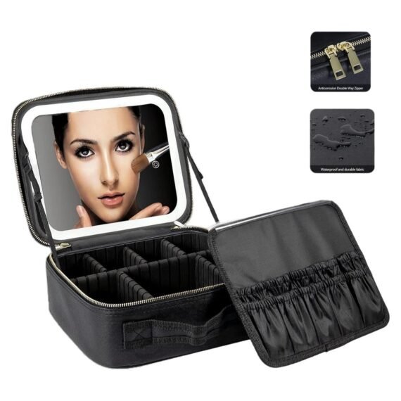 makeup bag with LED mirror,Adjustable Brightness LED Cosmetic Train Case with brush storage board suitable for travel and daily make up ,Portable Travel Cosmetic Organizer for Women, 3 Color Light Settings, Adjustable Dividers Vanity Case Birthday gifts