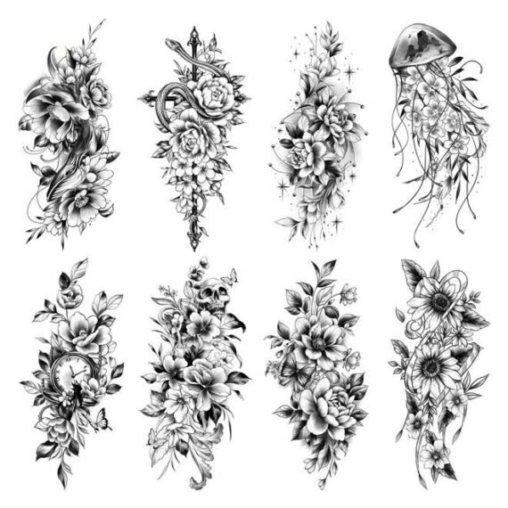 Half Sleeves Temporary Tattoos for Women, Half Arm Sleeve Fake Tattoo Stickers for Body Makeup, Large Black Flower Realistic Temp Tattoos for Girls Adult - 10 Sheet