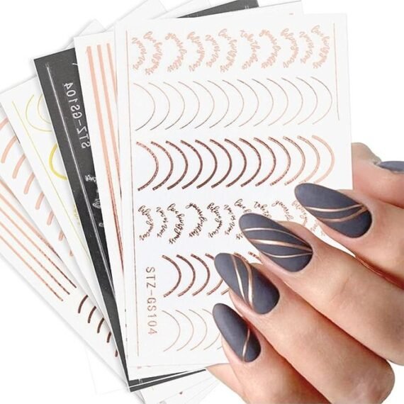 Line Nail Stickers, 3D Self-Adhesive Metallic Nail Decals Rose Gold French Nail Decals Wave Stripe Lines Nail Design Striping Tape Adhesive DIY Nail Decoration (6 Sheets)