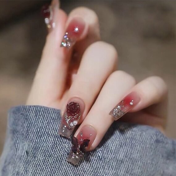 24Pcs Fake Nails, Press Nails, Mid-length Ballet Manicure - Dark Style Butterfly Camellia Manicure - Blush Pearl Manicure - Fake Nail Patch