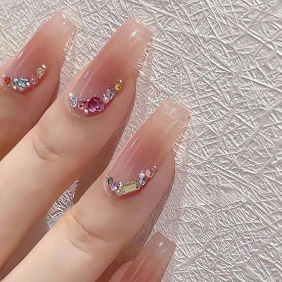 24Pcs Fake Nails, Press Nails, Mid-length Ballet Manicure - Skin Tone Manicure - Multicolor Diamond Manicure - Fake Nail Patch