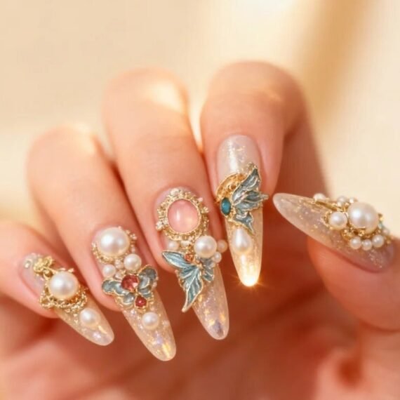 Orangelife Imperial Luxe Nails Kit – 10pcs Sculpted Press-On Nails with Swarovski Crystals & 3D Embossed Gold Art | Elite Couture Nailwear Collection