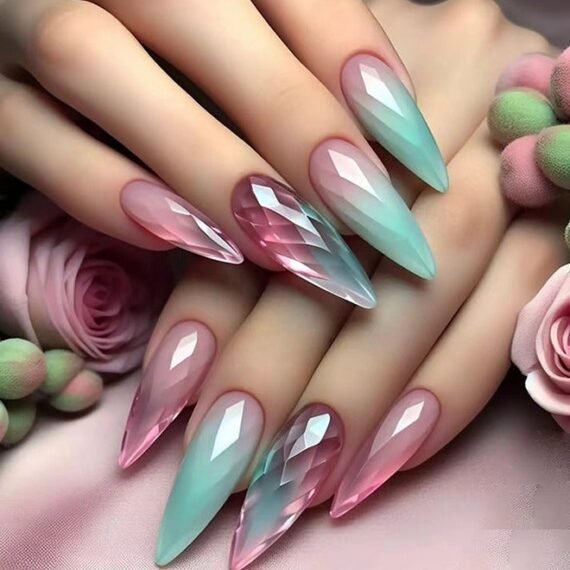 24Pcs Fake Nails, Press Nails, Long Almond Manicure - Gradient Pink Green Manicure - Cat's Eye Crystal Manicure - Fake Nail Patch