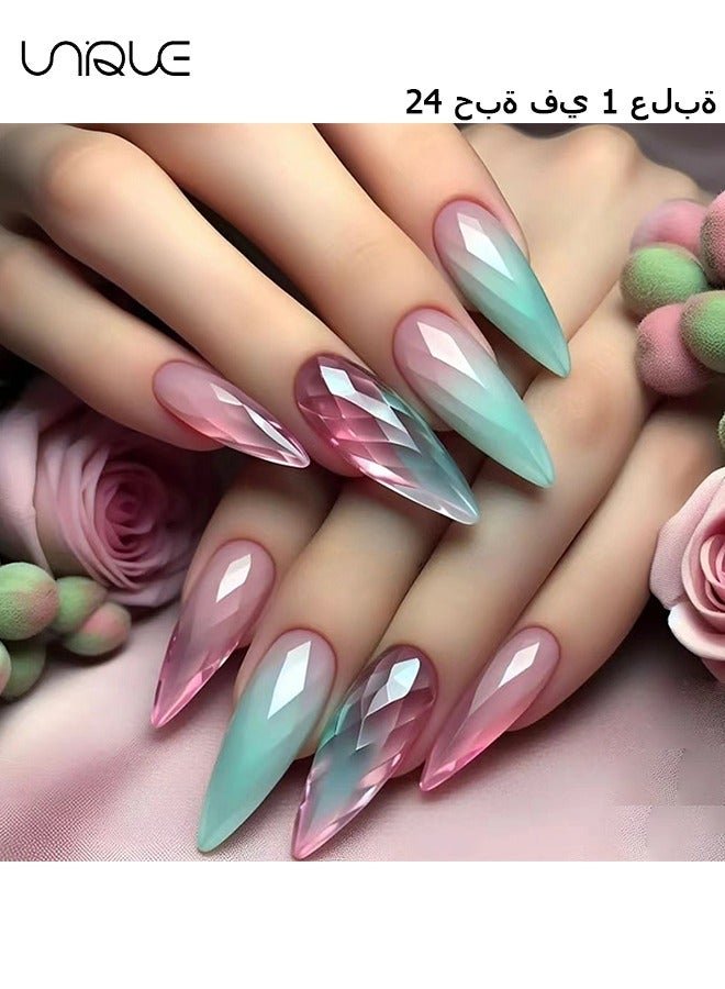 24Pcs Fake Nails, Press Nails, Long Almond Manicure - Gradient Pink Green Manicure - Cat's Eye Crystal Manicure - Fake Nail Patch