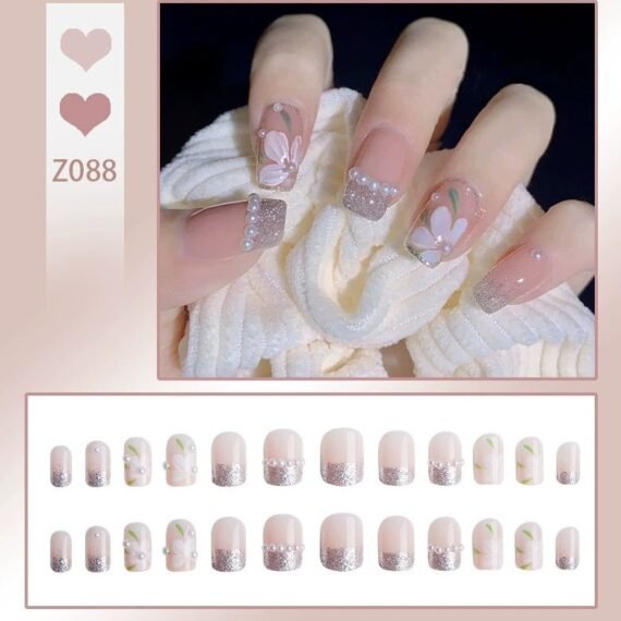 French Pearl Camellia Press On Nails – Short Square Pure Style Glitter Fake Nail Tips, 24pcs Reusable, Elegant Daily Wear