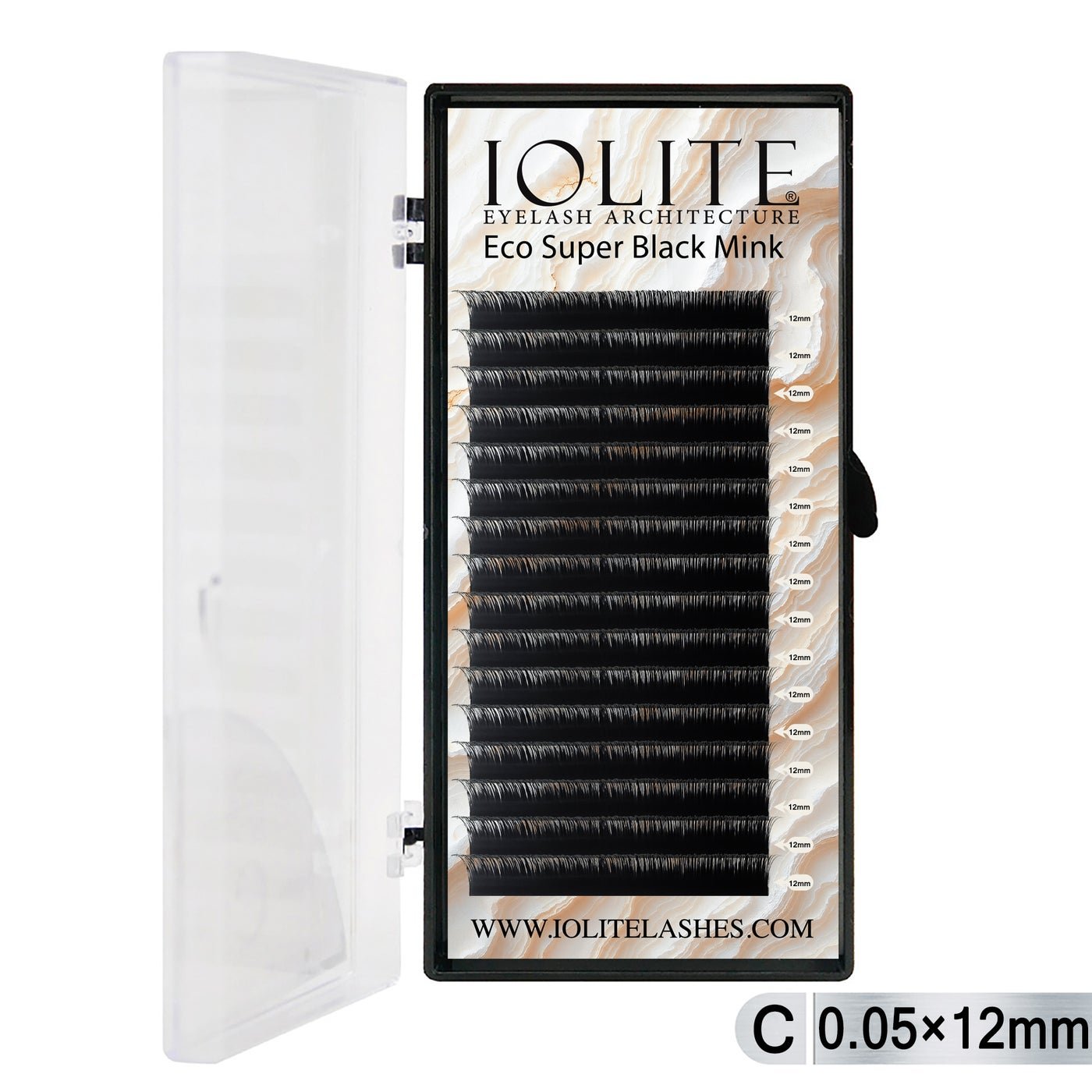 Iolite Super Black Mink Lash Extension – C Curl 0.5T Mix (6mm–15mm) | Premium Black Mink Eyelash Extension Tray for Lash Artists ISBMC5T - 12MM