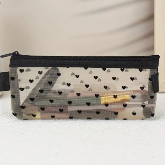 Heart Pattern Mesh Cosmetic Bag, Travel Portable Clear Makeup Brush Organizer, Women Lipstick Storage Pouch