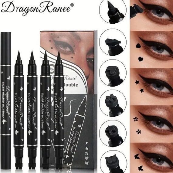 DragonRanee 5pcs Liquid Double-Headed Eyeliner Set, Waterproof, Smudge-Proof, Easy to Apply, Natural Makeup Effect, Black Tone, Star & Heart Patterns, Beginner Essential Kit