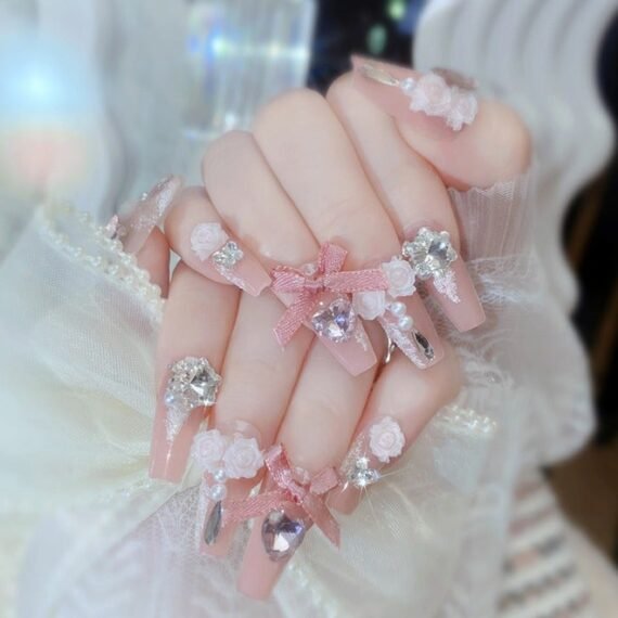 24Pcs Fake Nails, Press Nails, Mid-length Ballet Manicure - Pink Pearl Manicure - Diamond-encrusted Rose Manicure - Fake Nail Patch