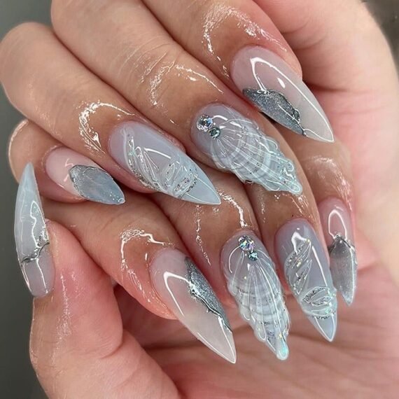24Pcs Fake Nails, Press Nails, Mid-Almond Manicure - Gradient Blue Shiny Unique Nail Art - 3D Water Drop Shell Manicure - Fake Nail Patch