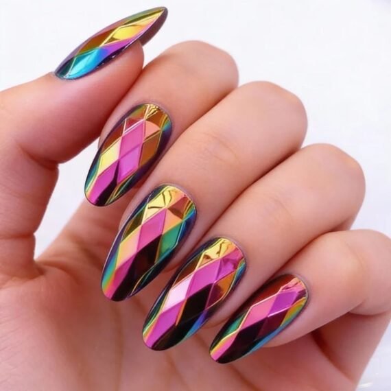 Iridescent Chrome Press On Nails Long Almond Shape, Multicolor Mirror Metallic Fake Nails with Holographic Rainbow Finish, Glossy Acrylic Stick On Nails for Party, Festival, Club, Fashion Styling, Reusable Artificial Nails Set for Women