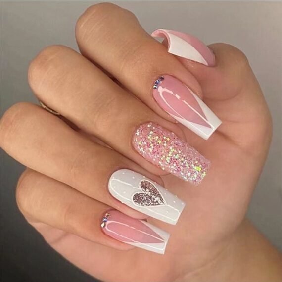 24 Pcs False Nails - Mid-Mid-length Ballet Manicure - Pink Glitter Manicure - Fake Nail Patch