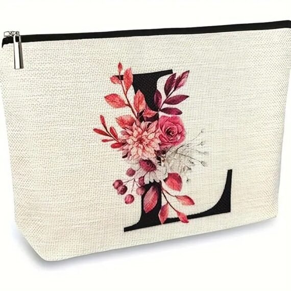 Floral Initial Makeup Bag for Women and Men - Durable Polyester, Waterproof, Unscented - Versatile Cosmetic and Toiletry Pouch with Secure Zipper Closure - Letter Monogram Design