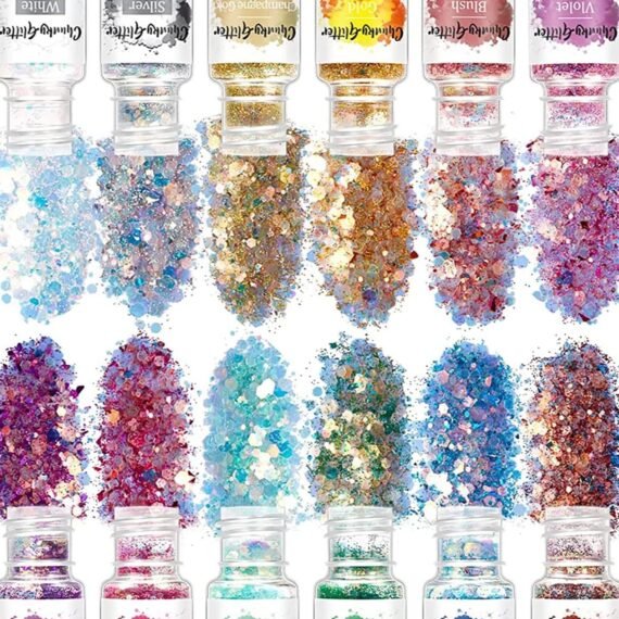 Holographic Chunky Glitter, 12 Color Mixology Craft Powder for Epoxy Resin /Tumblers /Slime, Sequins Festival Decor, Fine for Face Body Eye Hair Nail