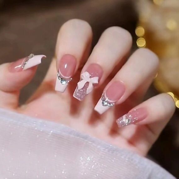 French Bow Bling Heart Diamond Press On Nails – Detachable Long Ballerina Fake Nail Tips, Reusable, Sparkling Party/Formal Events