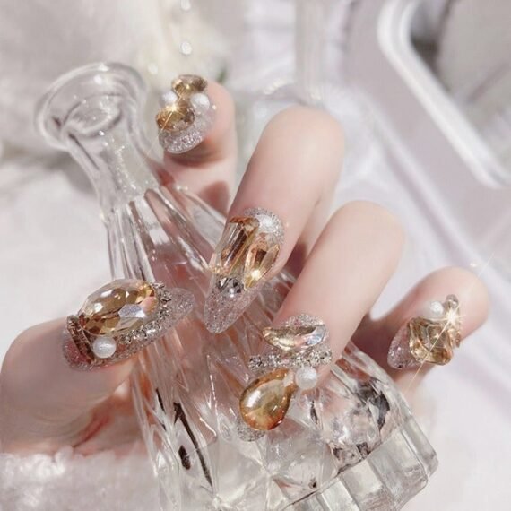 24Pcs Fake Nails, Press Nails, Mid-length Ballet Manicure - Champagne Diamond-set Manicure - Shiny Pearl Manicure - Fake Nail Patch