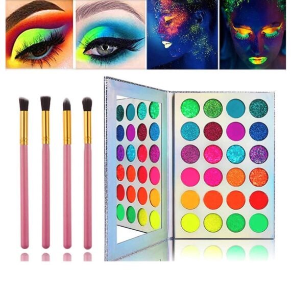 Glow in the Dark Makeup, Face Body Paint Neon, Matte, and Glitter, 24 Colors Highly Pigmented Eyeshadow Kit with 4 Brushes for New Year Non-Toxic & Smudgeproof