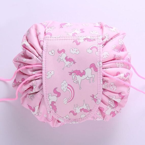 Makeup Bag Drawstring Travel Cosmetic Bag Round Magic Toiletry Beauty Kit Pouch Unicorn Print