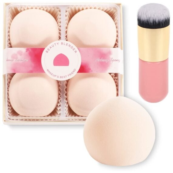 4 Pcs Makeup Sponges, Expanding Marshmallow Pink Foundation Beauty Blenders, Latex-Free Concealer Blenders with Foundation Brushes