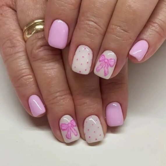 Pink Press On Nails Short Square Shape with Cute Bow Design, Soft Pastel Fake Nails with Polka Dot Accent, Glossy Acrylic Stick On Nails for Everyday Wear, Office Style, Girly Aesthetic, Reusable Artificial Nails Set for Women Who Love Sweet Minimal Nail Art