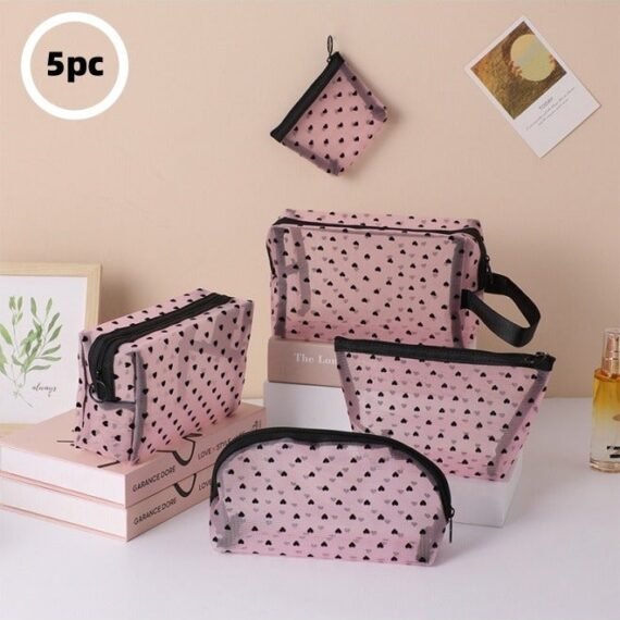 5-piece multifunctional cosmetic bag set of different sizes - portable zipper with handle, travel toiletry bag, storage bag, shopping clutch, wallet, love mesh design, large capacity to meet multiple scenarios, suitable for daily home office shopping travel accessories.