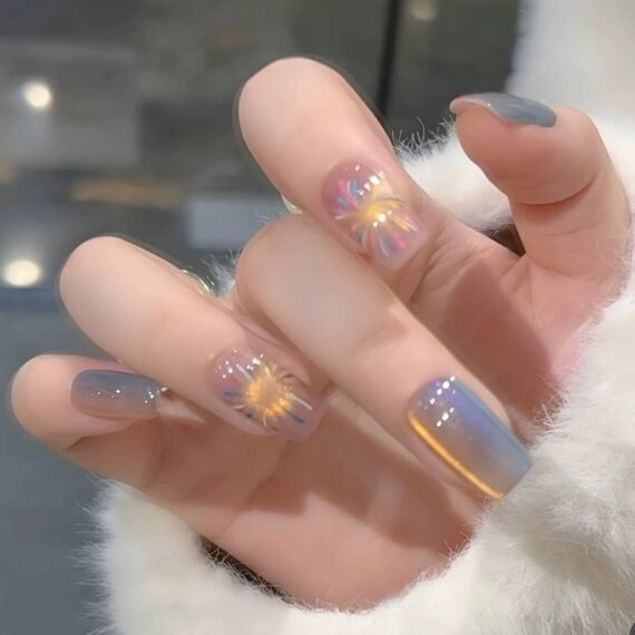 Short Press On Nails – Crystal Cat Eye Firework Design 30PCS Elegant Glossy Fake Nail Tips