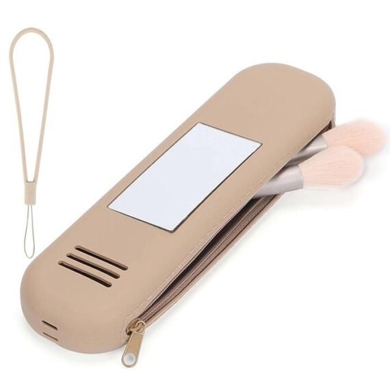Silicone Makeup Brush Bag - Portable, Anti-Fall, Zipper Closure, with Soft Mirror & Breathable Air Holes - Ideal for Daily Use, Travel & Work - Perfect Gift for Women (Khaki)