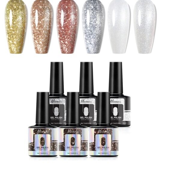 Gel Nail Polish Set, Glitter Color UV LED Gel Nail Kits Gel Polish Kit Soak Off  Nail Art Design Decoration Gift for Girls Women Home DIY 6Pcs