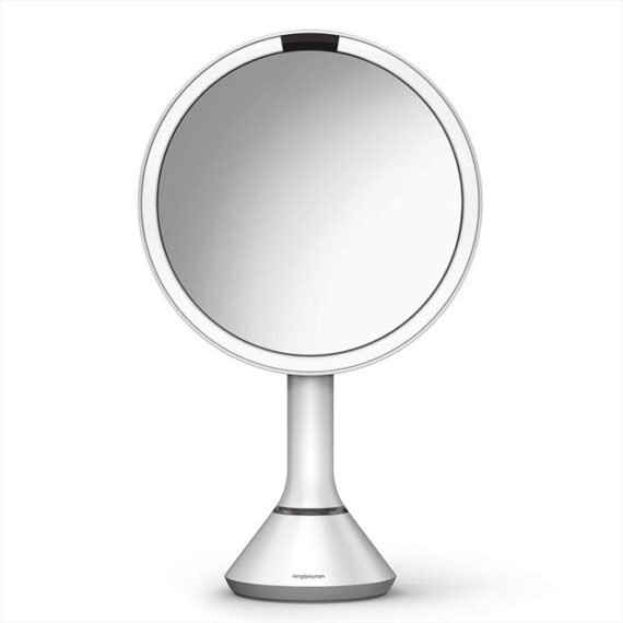 Tabletop Mount 8" Round Sensor Makeup Mirror with Touch-Control Dual Light Settings, 5X Magnification, Rechargeable and Cordless, White Stainless Steel