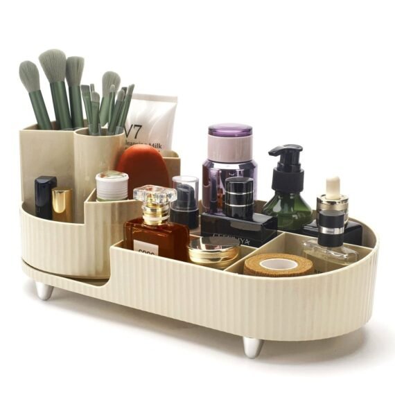 Rotating makeup organizer, with 360° Rotating Makeup Brush Holder, Large Capacity Cosmetics Organizer, Skincare Organizer for Bedroom Dresser Bathroom Vanity Countertop (Cream)