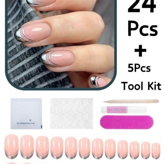 24Pcs False Nails+5 Pcs Tool Kit Impress Press-On False Nails Silver