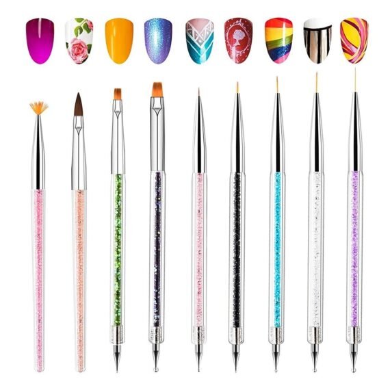 9 Pcs Nail Art Brushes for with Liner Brush and Dotting Pens Home Use Professional Salon Tools Puller Pen Double Point Drilling