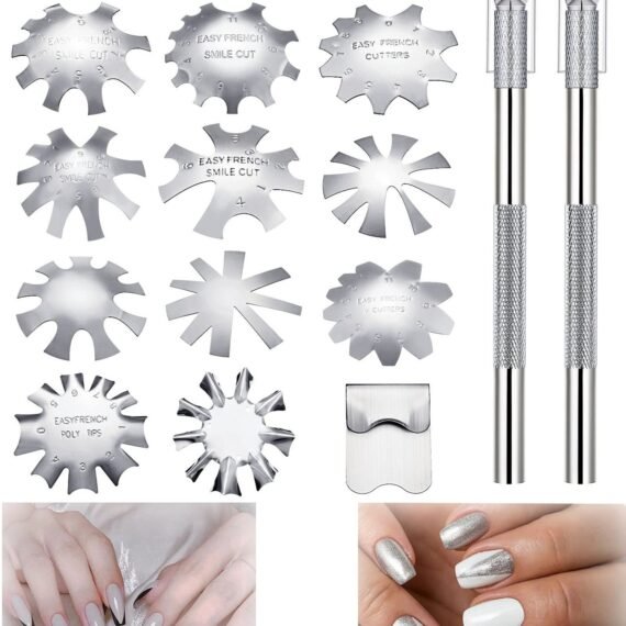 12 Pieces French Nail Trimmer, Stainless Steel French Tip Cutters, Smile Line Cutter Edge Manicure DIY Plate Module with 2 Handles French Tip Cutting Knife and 5 Spare Blade for Acrylic Nail
