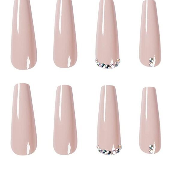 24 Pieces Extra Long Fake Nails, Coffin False Nails, Glossy Full Cover Press On Nails, Bling Rhinestone Artificial False Nail Tips For Women And Girls Pink
