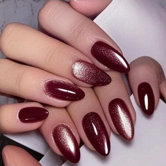 Burgundy Gold Glitter Press On Nails | Luxury Gradient Mirror Shine | Eco-Friendly ABS Nail Kit | Quick Apply in One Minute | Waterproof, Durable, and Reusable | Natural Fit and Damage-Free Removal