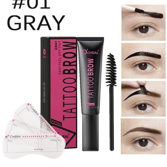 Tattoo Brow - Peel Off Tint Waterproof Sweatproof 3 Days Long Lasting Peel Off Tattoo Brow Gel Peel Off Tint Eyebrow Gel with Mascara Brush and Three Eyebrow Shapes Eyebrow Glue Gray #01