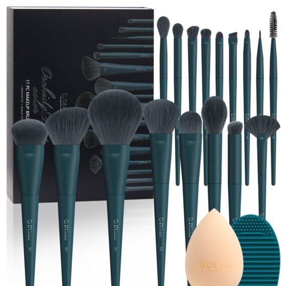 Makeup Brushes Set 17 Pcs with Brush Cleaning Mat and Makeup Sponge Professional Face Powder Eye Shadow Powder Liquid Cream Kit Gift Box