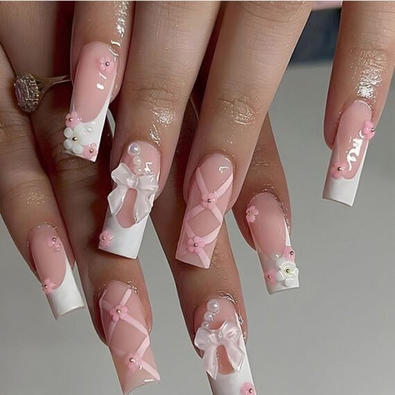 24Pcs Fake Nails, Press Nails, Mid-length Ballet Manicure - Pink White Pearl Flower Manicure - Bow Ribbon Manicure - Fake Nail Patch