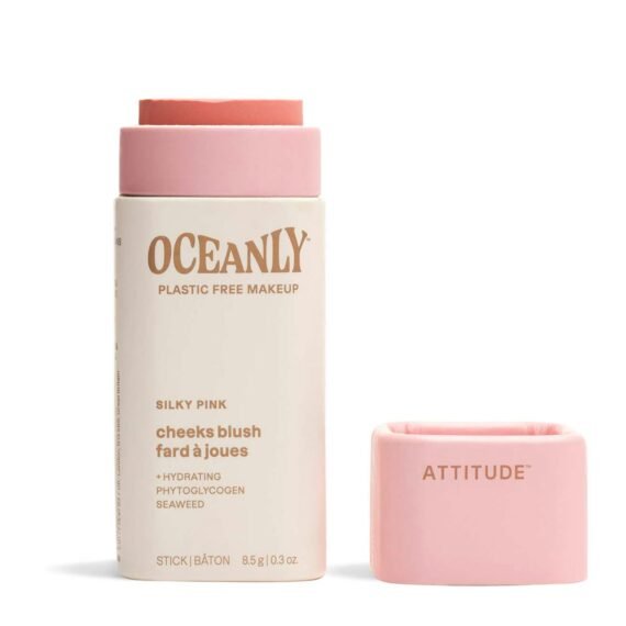 ATTITUDE Oceanly Plastic-Free Lightweight Blush Stick, Titanium Dioxide-Free, EWG Verified, Vegan & Cruelty-free Makeup, Silky Pink, 0.3 Ounces