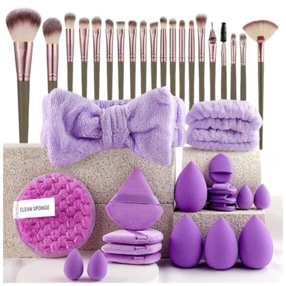 40 Pcs Makeup tool Set, High Quality Makeup Brushes Set, 1 Headband, Wristbands, Makeup Remover Puff, Finger Puffs, Makeup Brushes