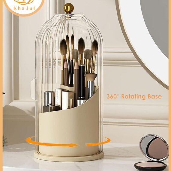 Cosmetic storage box with lid,360 Rotating Clear Dustproof Makeup Brushes Organizer(Beige)