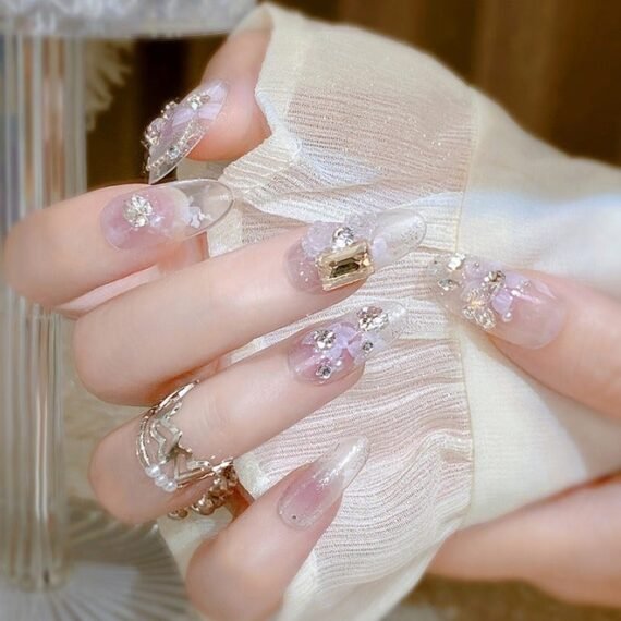 24Pcs Fake Nails, Press Nails, Mid-length Ballet Manicure - Sparkling Diamond Pearl Manicure - Printed Rhinestones Manicure - Fake Nail Patch