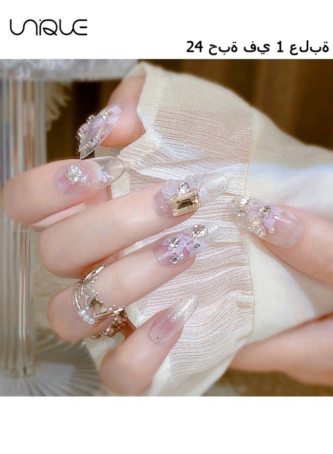 24Pcs Fake Nails, Press Nails, Mid-length Ballet Manicure - Sparkling Diamond Pearl Manicure - Printed Rhinestones Manicure - Fake Nail Patch
