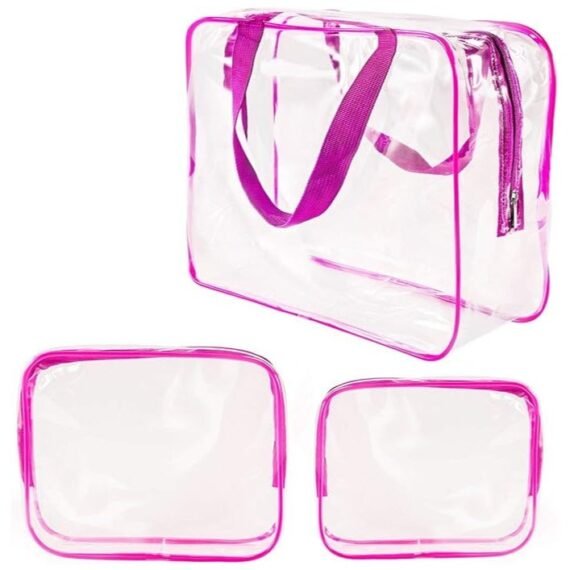 3PCS Clear Makeup Bags for Travel Waterproof Transparent PVC Tote Cosmetic Bag with Zipper Closure & Handle Toiletry Bag for Women Men, Pink