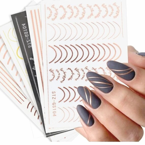 Nail Art Sticker 3D Metal Line Wavy Self-Adhesive Decal Rose Gold Silver Letter Stripe DIY Decoration Adhesive Design Accessories 6 Sheets