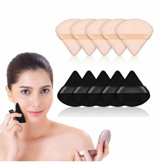 Pure Powder Puff Face Triangle Soft Makeup Powder Puff for Loose Powder Mineral Powder Body Powder Makeup Tool with Strap for Contouring Under Eyes and Corners (Black and Nude Color - 10 Pcs)